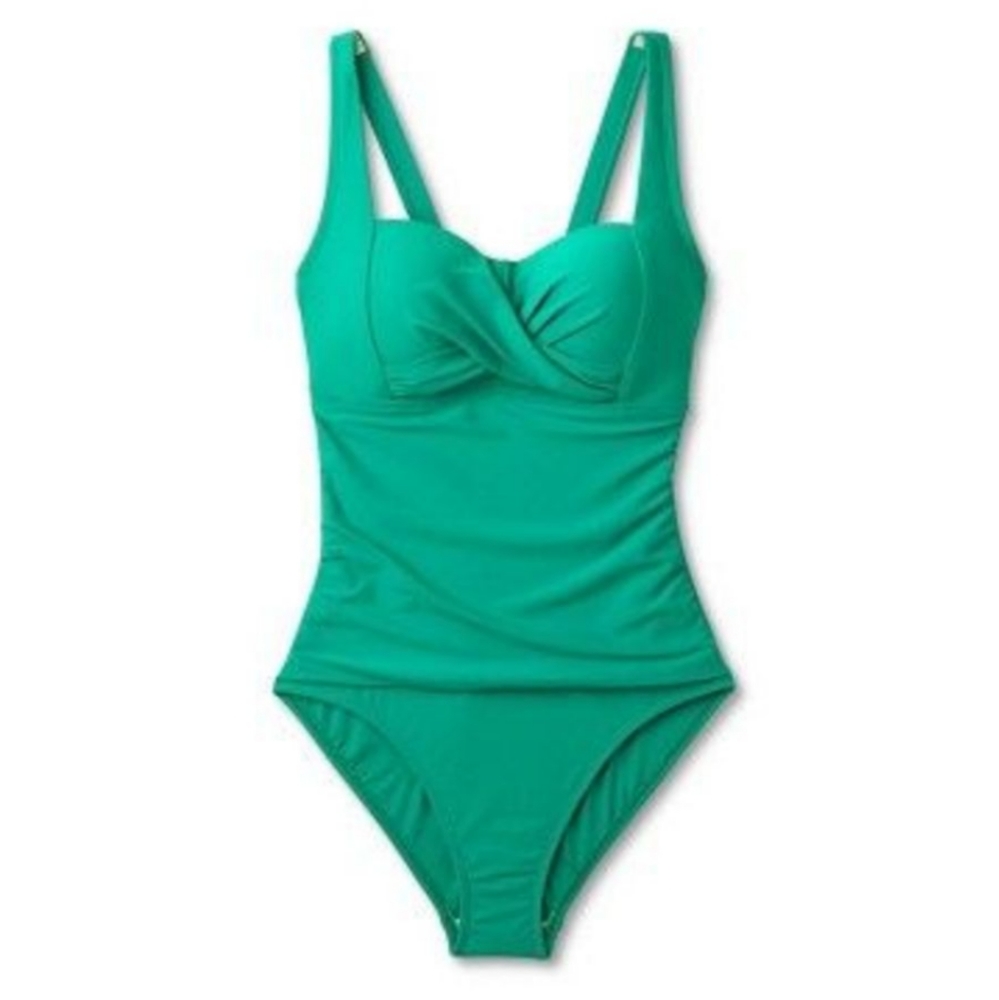 NEW Kona Sol Twist-Front Square Neck Full Coverage One Piece Swimsuit Green - Picture 2 of 7